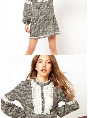 B7 Free People Grey Floral Lace-Trim Mini Dress